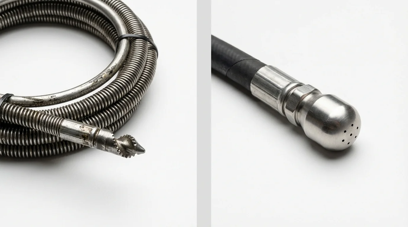 Drain snake cable and hydro jetting nozzle used for drain cleaning in Oak Hill, OH
