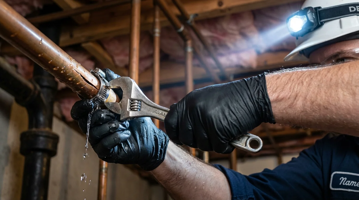 Emergency pipe clamp repair being performed by a Johns Plumbing LLC plumber in Oak Hill