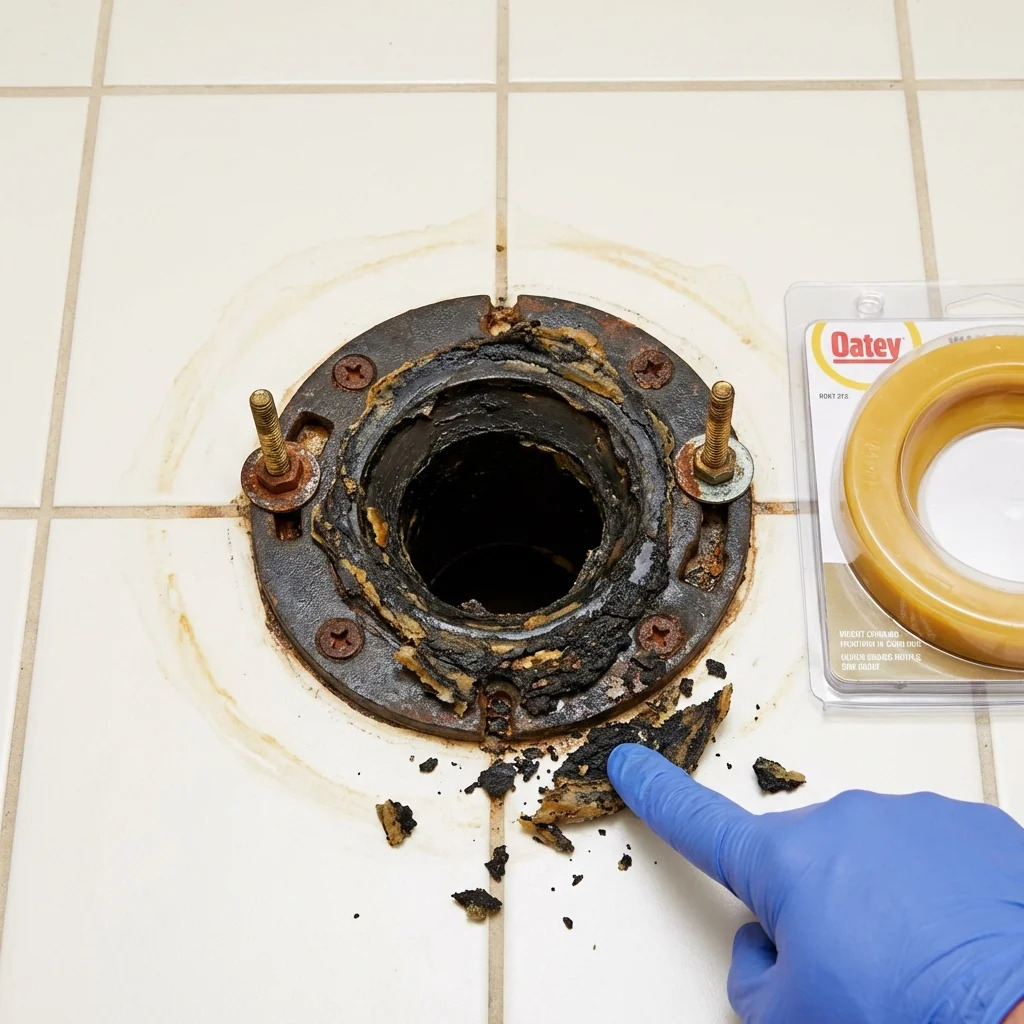 Failed wax ring showing water seepage at the base of a toilet in a Oak Hill, OH home