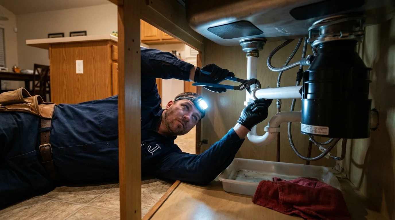 P-trap and supply line connections under a kitchen sink showing a common leak point in Oak Hill, OH